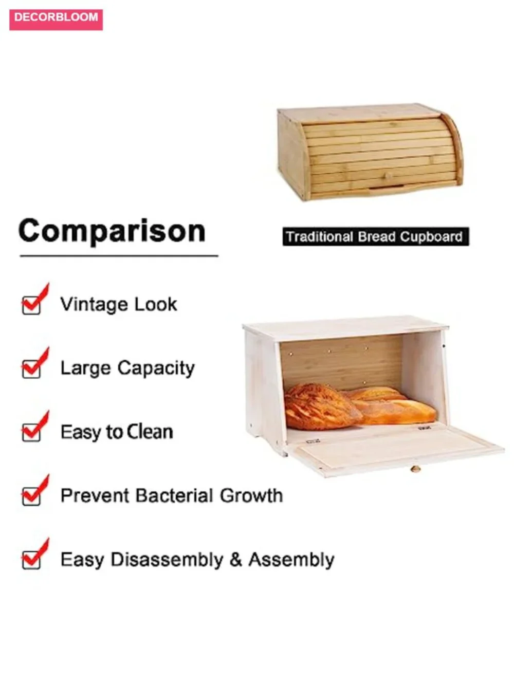 Vintage Wood Bread Box for Kitchen Counter, Food Storage Bin with Bamboo Panels